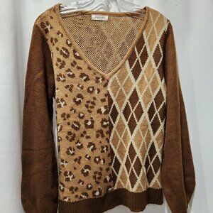 Argyle leopard animal print split balloon sleeve vneck sweater